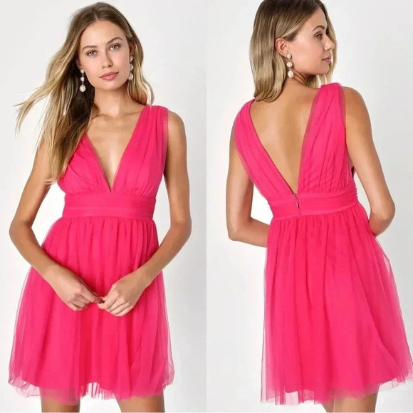 NWOT‎ Lulus Heavenly Hues Hot Pink Tulle Sleeveless Mini Dress - Picture 1 of 8